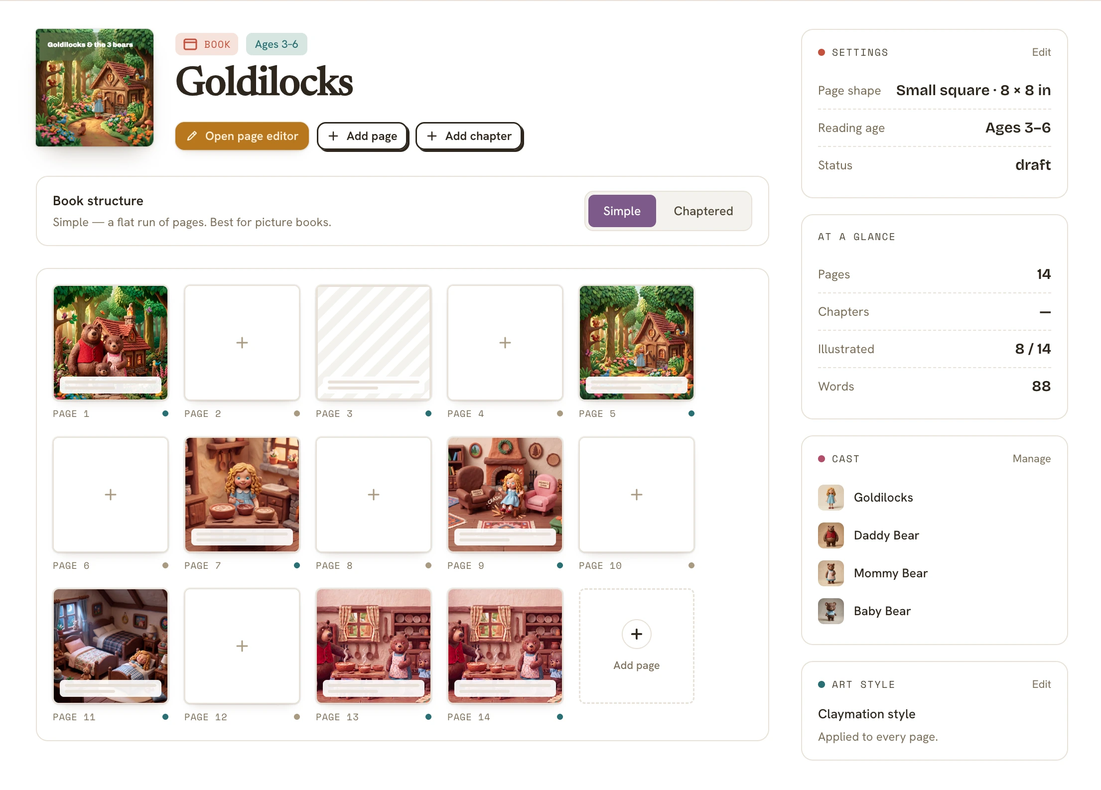 A book overview screen: the title and cover, a page grid, and an at-a-glance sidebar listing pages, chapters, words, cast and art style.