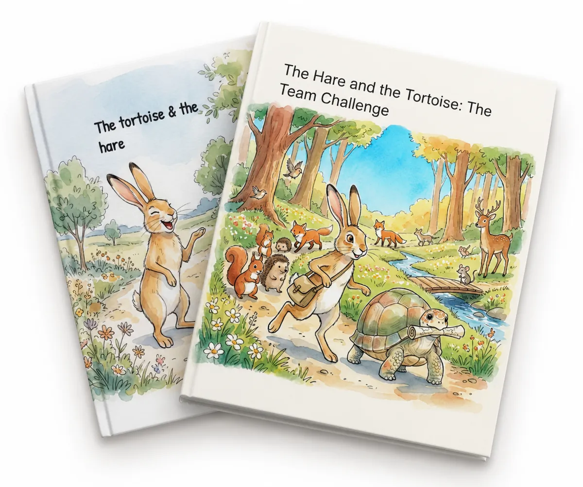 Two illustrated children’s book covers from one series, The Hare and the Tortoise, with the same characters on each.
