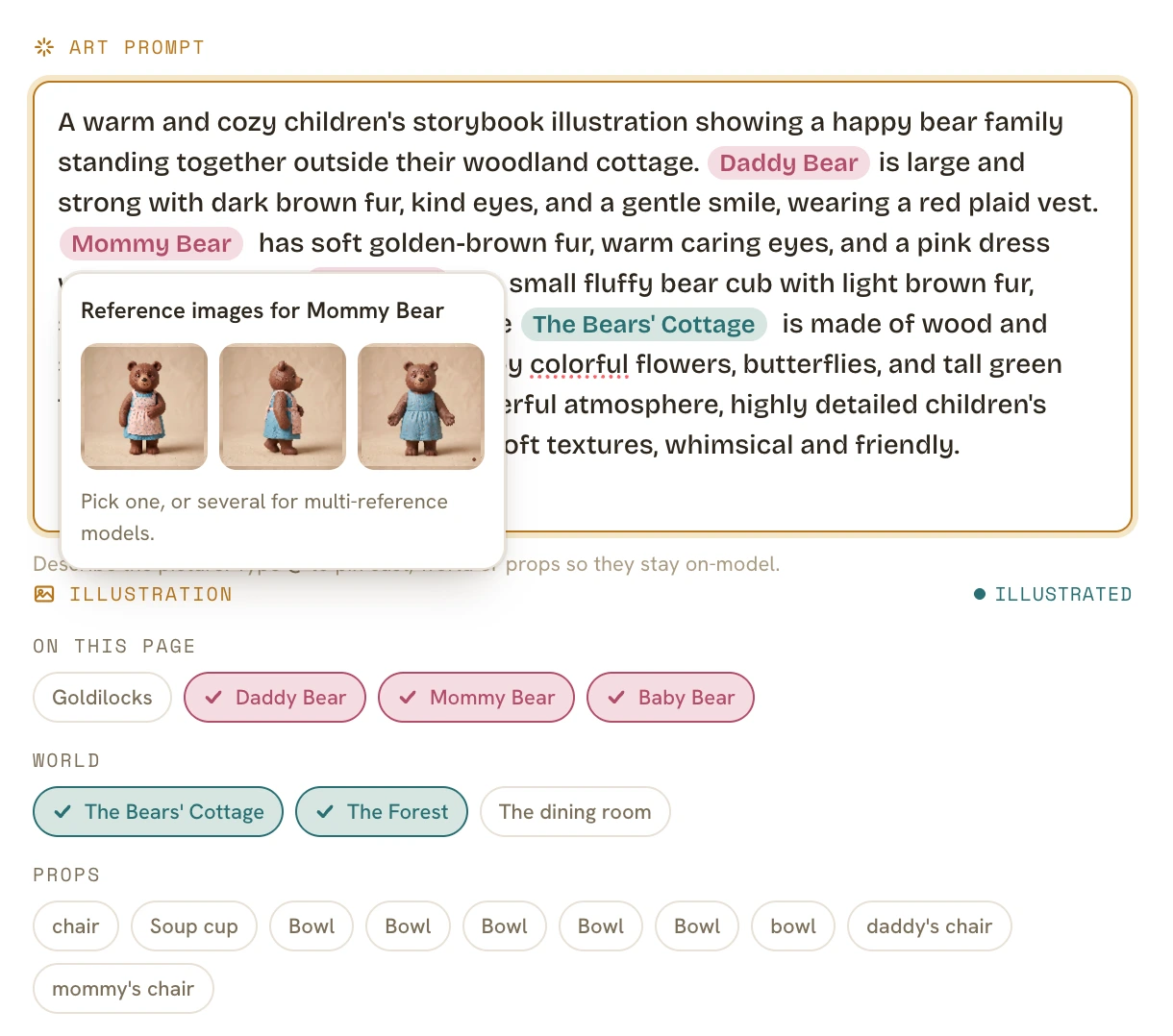 The art-prompt panel with the written page text, detected character and setting pills, and a reference-image popover.