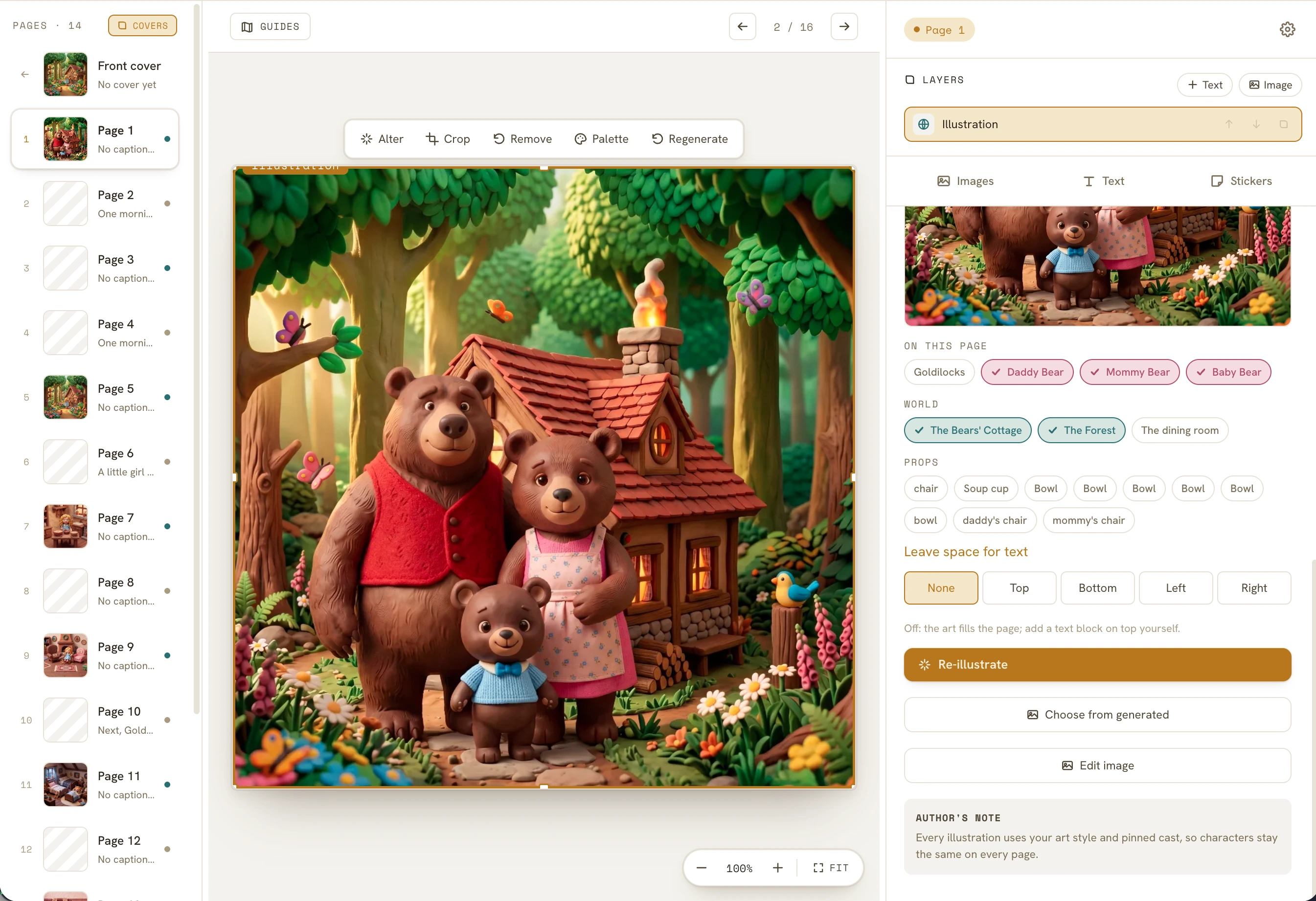The full page editor: a page thumbnail rail, a large illustration on the canvas, and a layers panel with text, image and sticker controls.