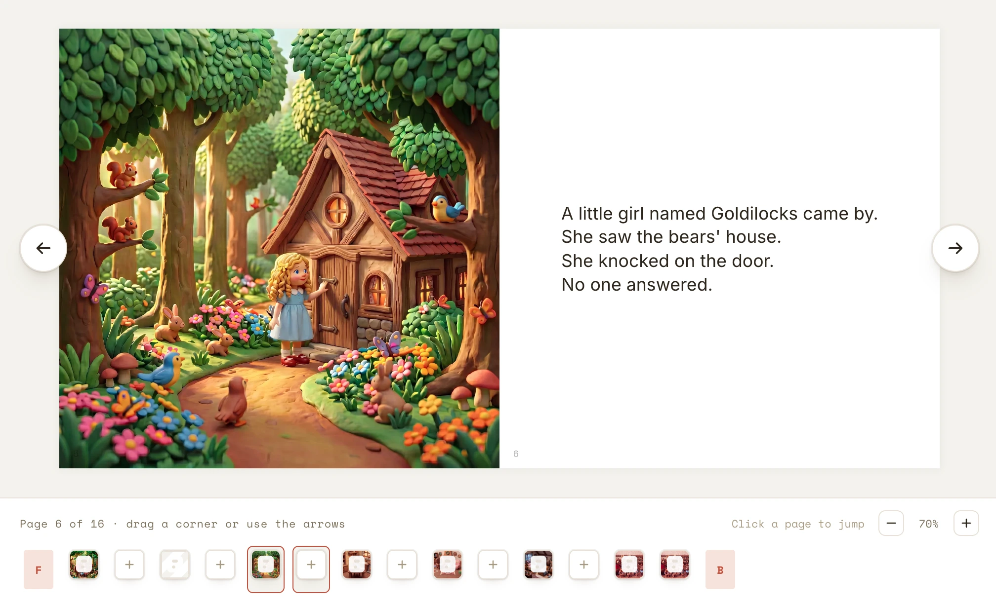 A page-flip book preview: a finished illustrated left page facing its text page, with navigation arrows and a thumbnail strip below.