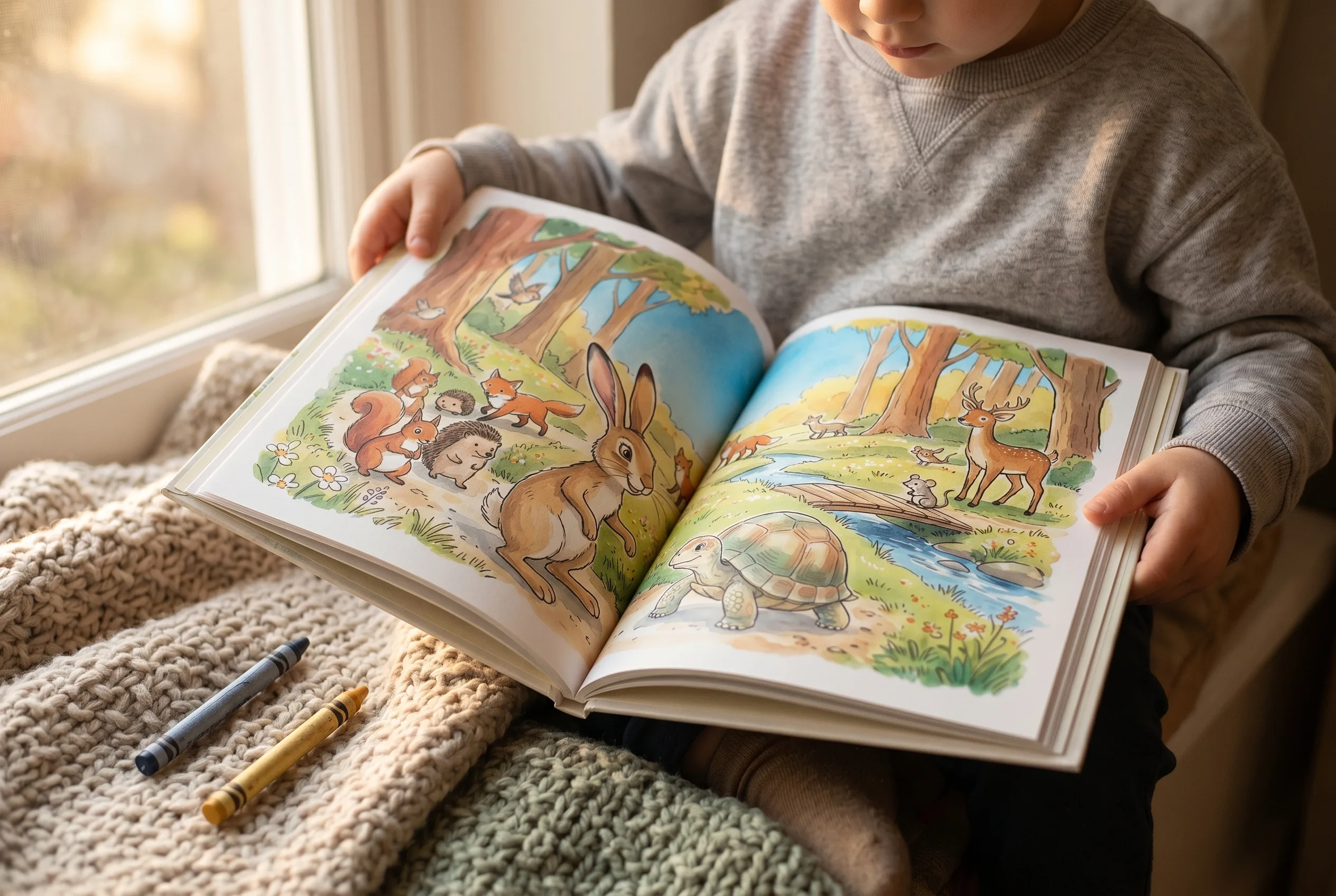 A child holding an open, printed picture book in their lap, the illustrated characters spread across both pages, with crayons and a knit blanket nearby.