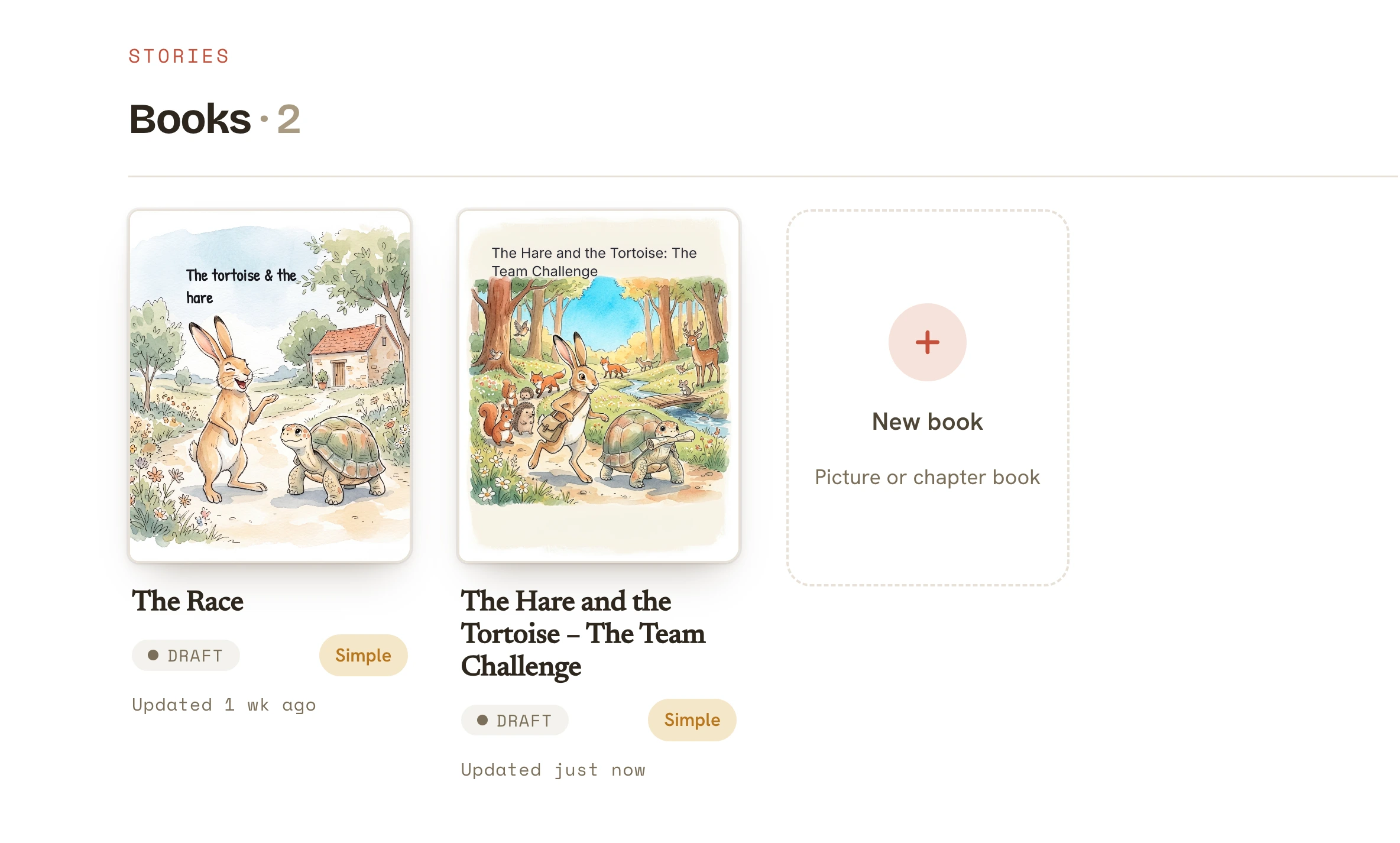 A series view titled Books, showing two finished titles that share the same cast, and a card to start a new book.
