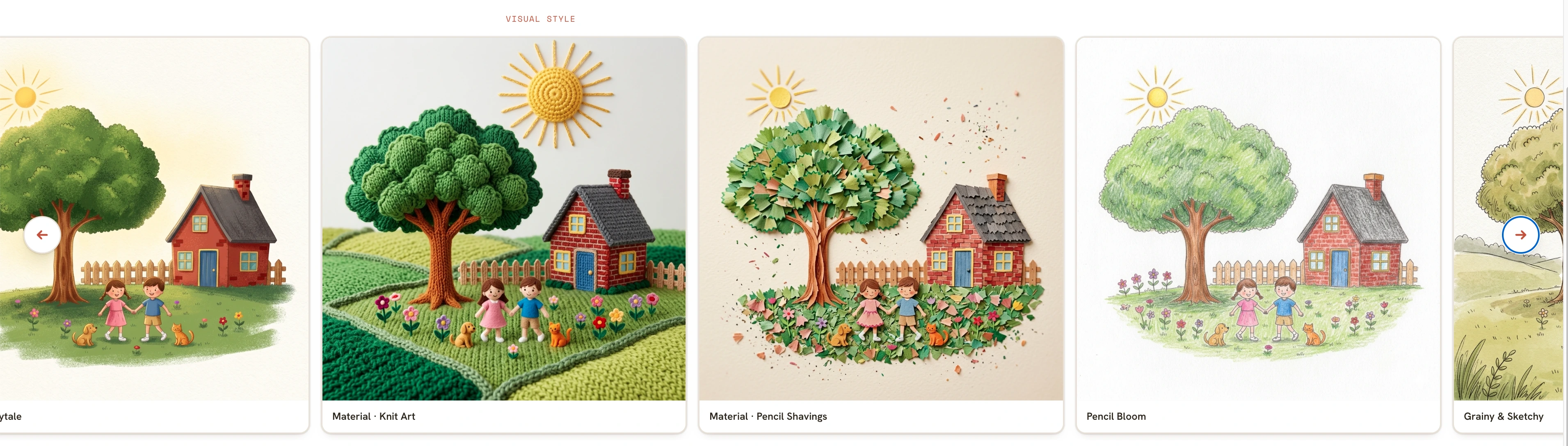 A single house-and-tree scene shown rendered in several different illustration styles in a row.