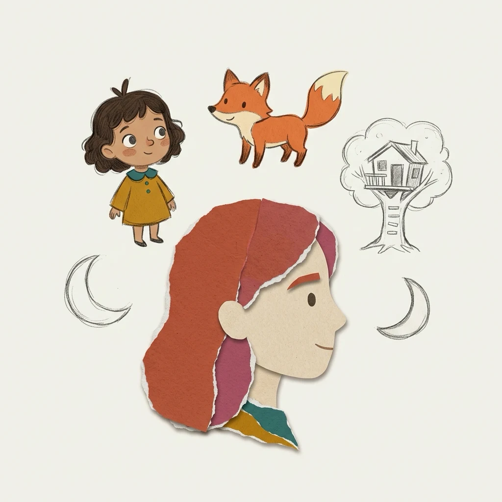 A cut-paper world taking shape: a tidy setup card with a name, an audience, and a row of illustration-style swatches.
