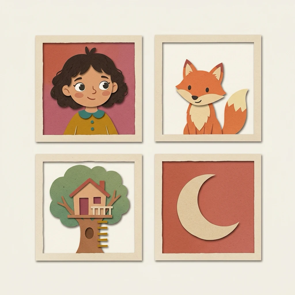 A small line-up of recurring characters with their settings and props, pinned together like a reusable cast sheet.