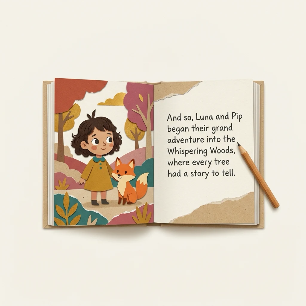 An open illustrated storybook page showing two recurring characters beside the handwritten line of story they came from, a pencil resting alongside.